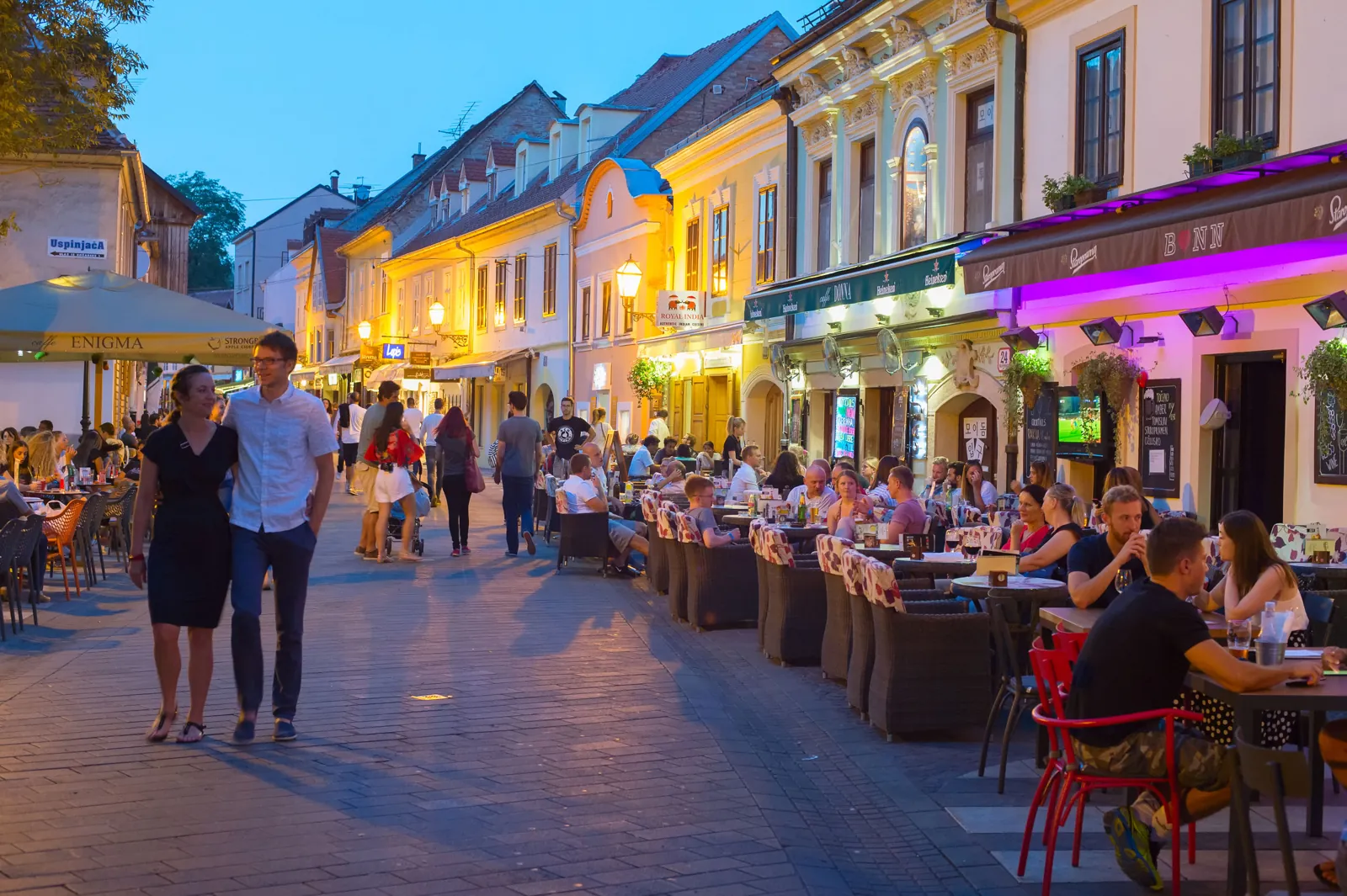 Café terraces in the evening